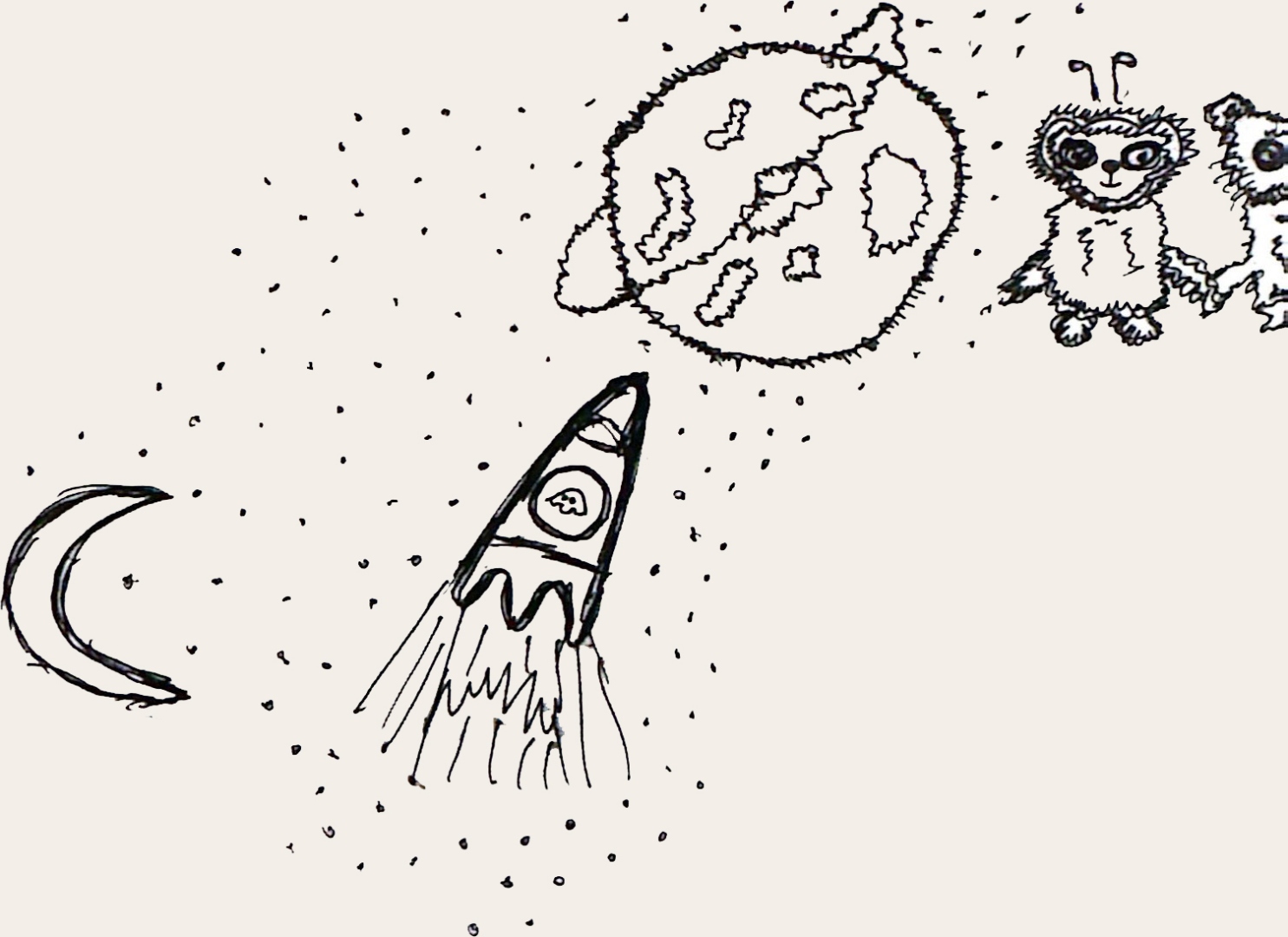 A hand-drawn illustration by K — a rocketship climbing past the moon toward a planet and two small creatures in space