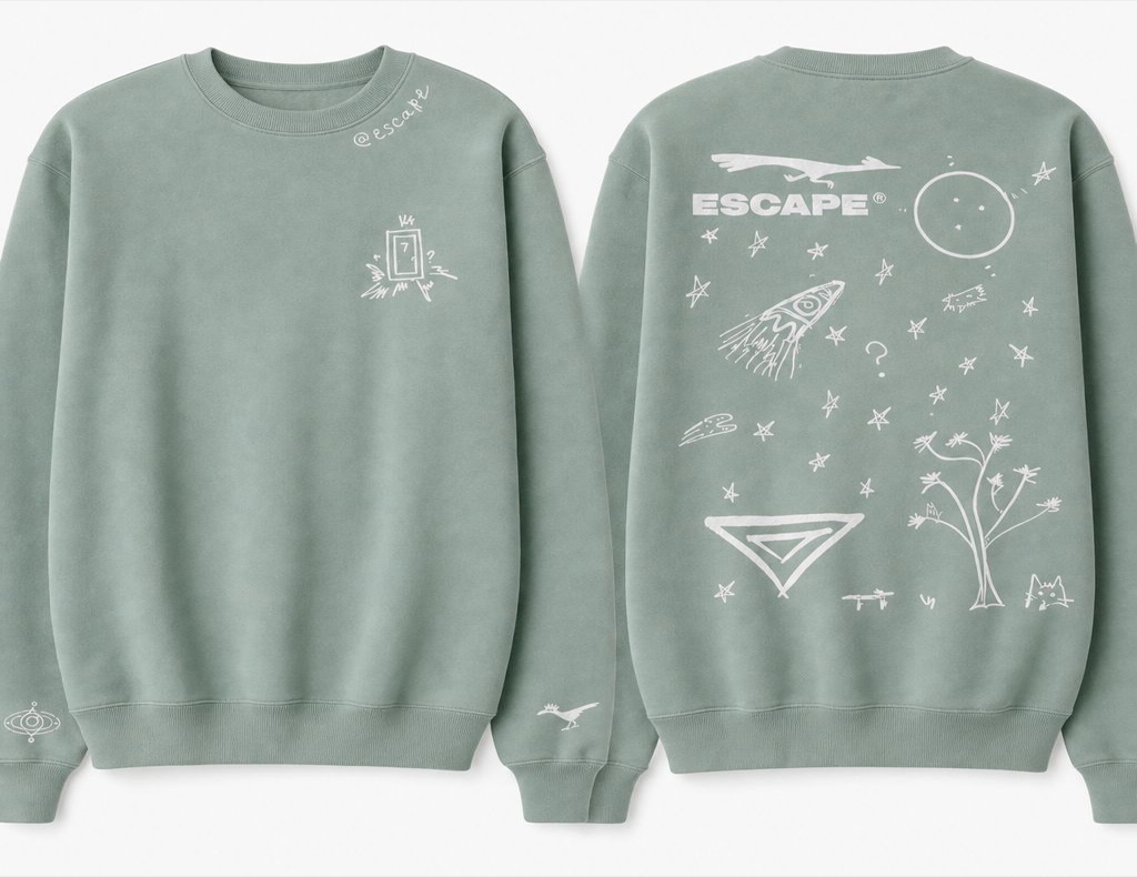 The sage green ESCAPE crewneck — front and back. Front: Door #7 on the chest, @escape at the collar. Back: the full ESCAPE universe in white ink — roadrunner wordmark, rocket, Joshua tree, Triangle, and stars