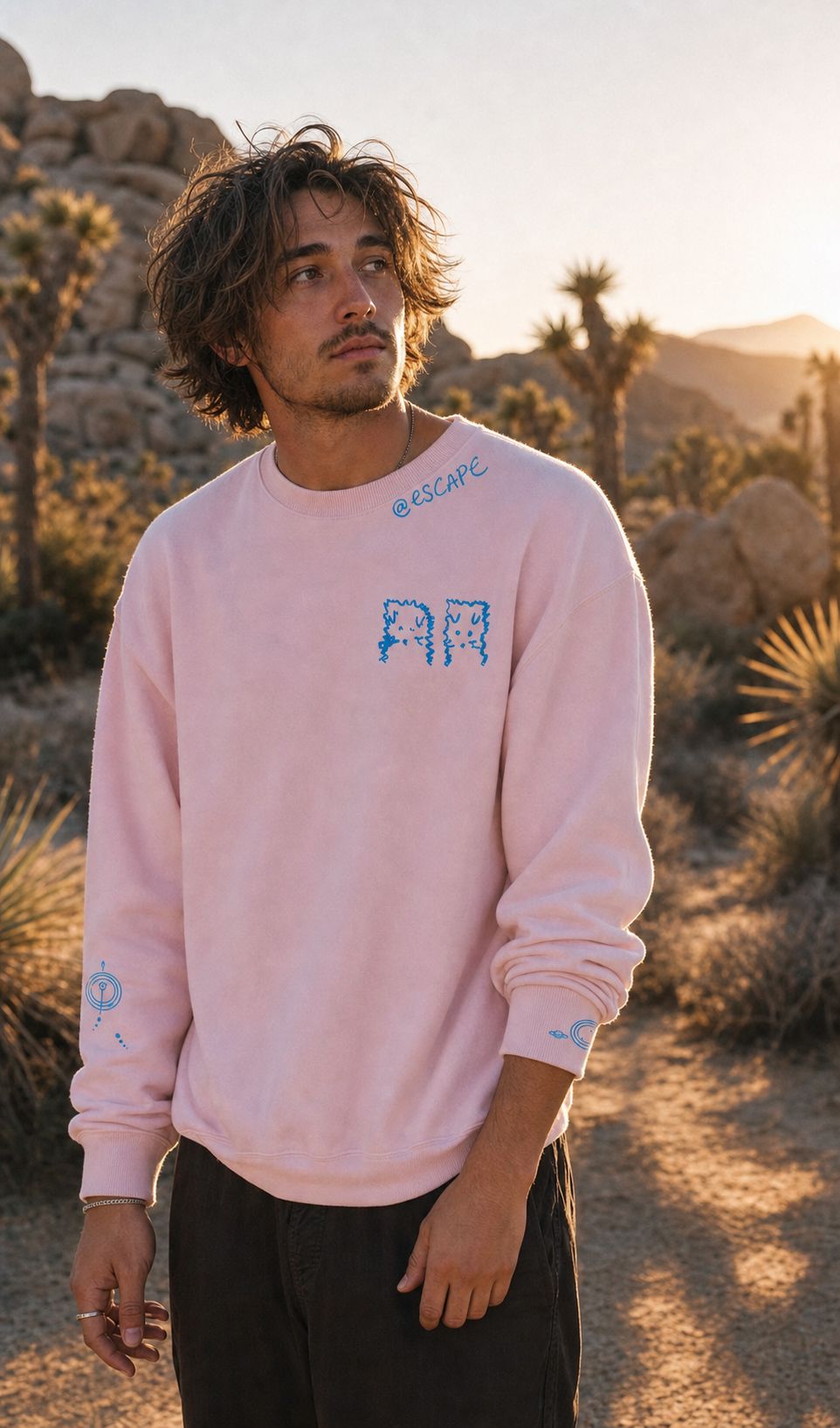 Model wearing the pale pink ESCAPE crewneck with hand-drawn alien artwork on the chest, in the high desert