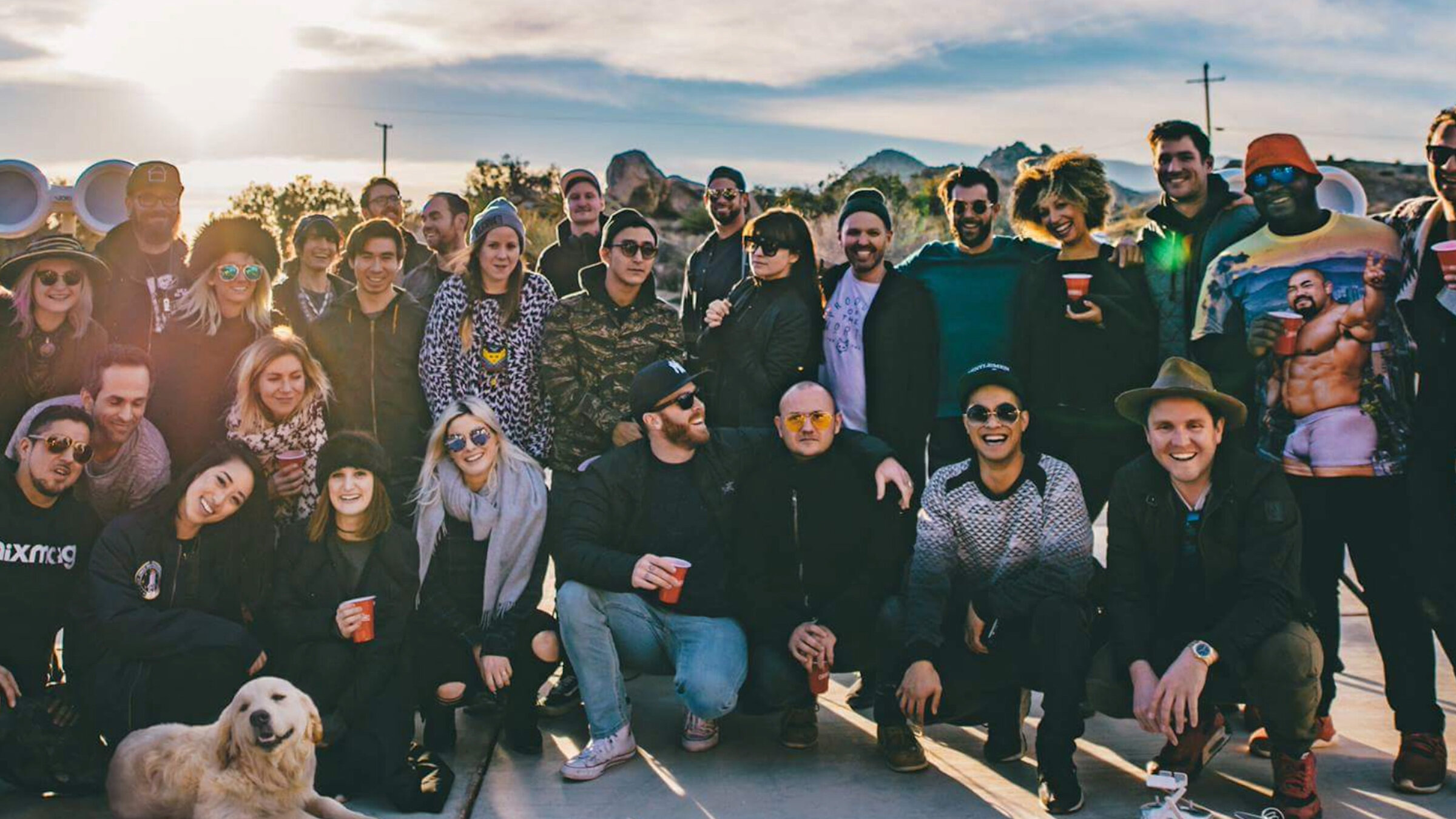 The MixMag songwriting camp group at ESCAPE — producers, writers, and engineers, golden hour, high desert